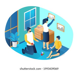 Isometric illustration concept. Mom puts a picture on the wall and dad plays with the kids