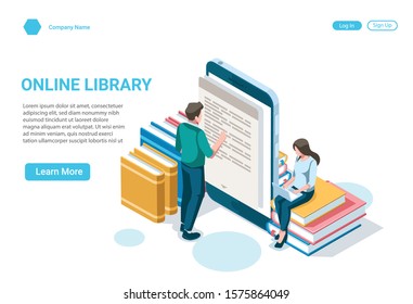 Isometric illustration concept of online book library, landing page vector template