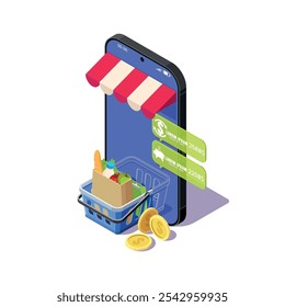 Isometric illustration of the concept of an online store with a shopping cart and products on the phone