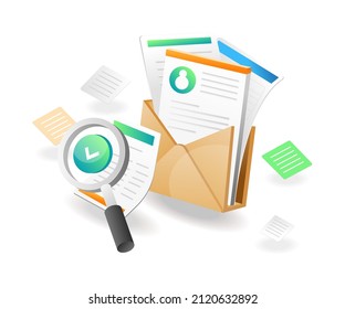 Isometric illustration concept. Paper data analyst in email folder