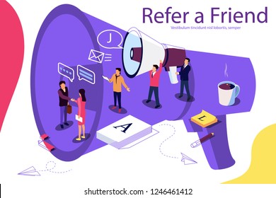 Isometric illustration concept. People shou into the microphone with Refer a friend words Content for web page, banner, social media, cards, posters. Microphone as background. Double exposure vector