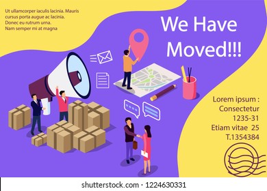 Isometric illustration concept. People shout on megaphone with we have moved word, change office address vector illustration concept, can use for,  banner, social media, documents, cards,mobile app.