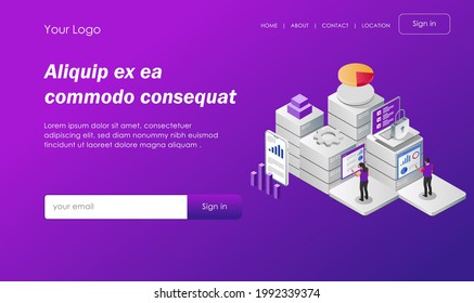 Concepto de ilustración isométrica. Realizar análisis de datos y estrategia de marketing