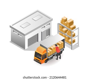 Isometric illustration concept. Pick up goods in warehouse for delivery