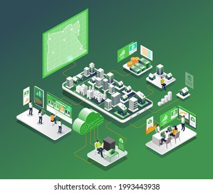 Isometric illustration concept. real estate investment activities and data analysis