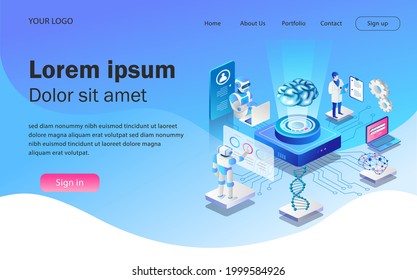 Isometric illustration concept. robots help doctors analyze diseases