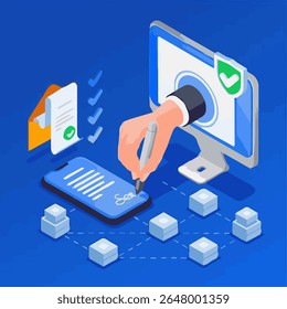 Um conceito de ilustração isométrica de uma assinatura eletrônica segura. Uma mão emerge de uma tela de computador para assinar um documento digital em um smartphone, simbolizando um seguro e validado online