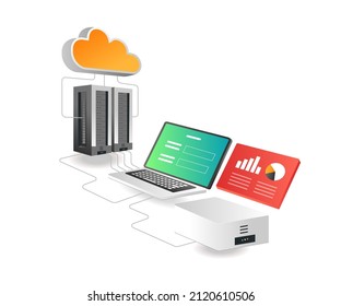 Isometric illustration concept. Server data analysis network