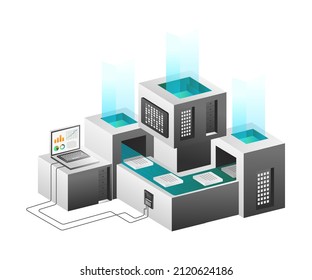 Isometric illustration concept. Server data analysis flow