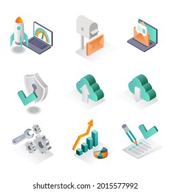 
Isometric illustration concept. a set of email delivery and cloud marketing icons