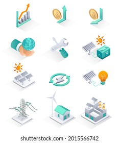 
Isometrisches Illustrationskonzept. eine Reihe von Symbolen für Solarpaneele und elektrische Energie