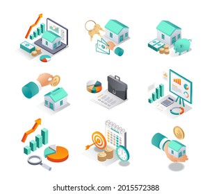 
Isometric Illustration Concept. A Set Of Icons For Real Estate And Stock Investments