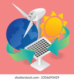 at isometric illustration concept of solar panel technology and windmill