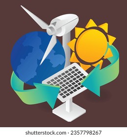 at isometric illustration concept of solar panel technology and windmill
