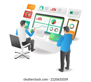 Isometric illustration concept. Team analysis data network