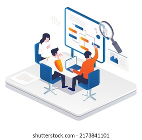 Isometric illustration concept Team discussion about organizational system - Shutterstock ID 2173841101