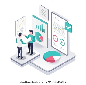 Isometric illustration concept of two men analyzing company business data