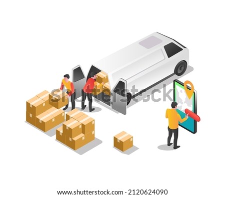 Isometric illustration concept. Van loading and unloading expedition team