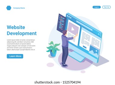 Isometric illustration concept of web development and web design for website and mobile website, landing page vector template