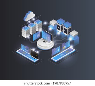 Isometric illustration concept. web hosting and network computers