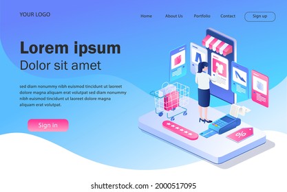 Isometric illustration concept. woman choosing goods and shopping online