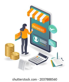 
Isometric illustration concept, a woman making online payment