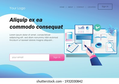 Concepto de ilustración isométrica, trabajando en una tabla con un ordenador y un análisis de código de barras 
