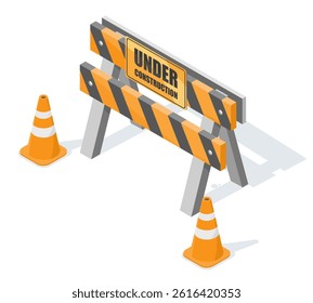 Isometric illustration of a construction barrier with warning sign and traffic cones, representing a caution area or under construction message on white background