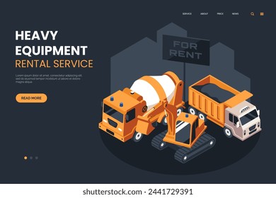 Isometric illustration for construction equipment rental service. Yellow construction machinery on dark grey geometric background - transit mixer, excavator, truck. Ideal for website, banner, ad.