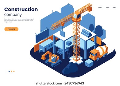 Isometric illustration of the construction site and construction equipment - Tower crane, concrete mixer, excavator. Ideal for real estate developer web page, infographics, promo.