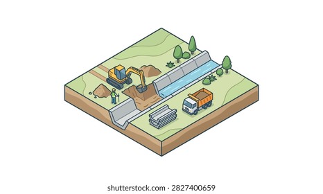 Isometric Illustration of Construction Site with Excavator and Drainage Channel Improvement