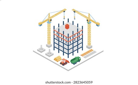Isometric illustration of a construction site featuring a steel building framework, cranes, and machinery for development and urban planning.