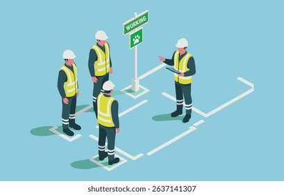 Isometric illustration of construction workers in safety gear at a working zone sign, discussing project planning and safety protocol using a digital tablet.