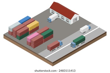 Isometric illustration: container and shipping warehouse