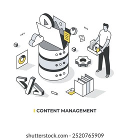 Isometrische Illustration von Content Management. Ein zentraler Server mit einem großen Ordner auf der Oberseite, Datenströme fließen aus Box von Menschen gehalten, umgeben von Tech-Icons, zeigt Automatisierung und Organisation