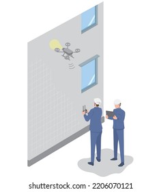 It is an isometric illustration of a contractor who conducts a drone inspection of the outer wall of a building or condominium.