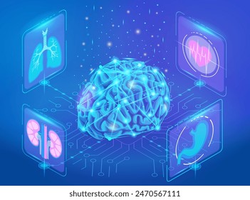 Isometric illustration of control. Brain center controls internal organs. Imitation of artificial intelligence