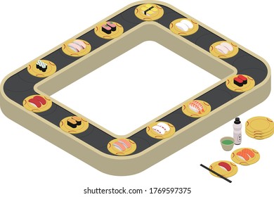 Isometric Illustration Of Conveyor Belt Sushi