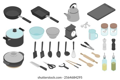 Isometric illustration: Cooking utensils set