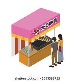 Isometric illustration: couple buying takoyaki at a takoyaki stand
