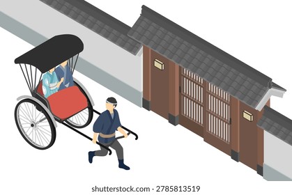 Isometric illustration: A couple sightseeing in a rickshaw