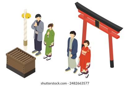 Isometric illustration: Couple visiting New Year's shrine