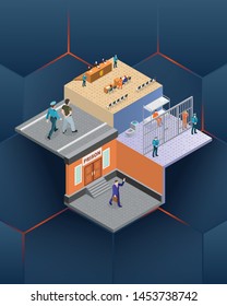 Isometric illustration court of law. judge justice accused, lawyer criminal legal, prisoner vector