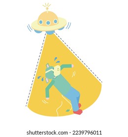 It is an isometric illustration of a cow man who is kidnapped by a UFO.