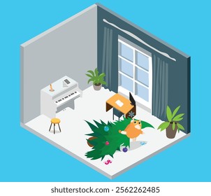 Isometric illustration of a cozy Christmas-themed room with a fallen Christmas tree, a cute owl toy, and festive decorations. The room features a piano with sheet music, a desk with a computer, large