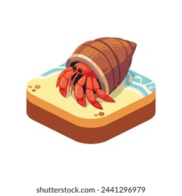 Isometric Illustration, Crab Hermit on the Beach