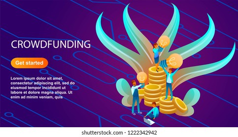 Isometric illustration of a crowdfanding. Made with gradients of red orange and blue shades. Background for sites, banners, posters. People holding light bulbs standing on stacks of coins