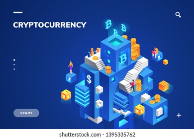 Isometric illustration for cryptocurrency and blockchain technology, crypto money and financial block, digital currency and coin stack. Background for ethereum, litecoin wallet. Virtual bank platform