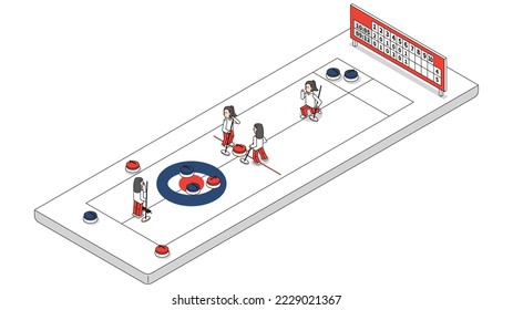 Es una ilustración isométrica de un equipo femenino de curling.