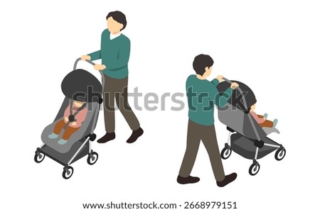 Isometric illustration: Dad pushing a stroller